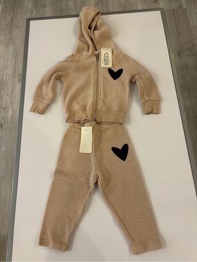 Kids Beige Fleece Matching Hoodie & Jogger Set with Heart Accent